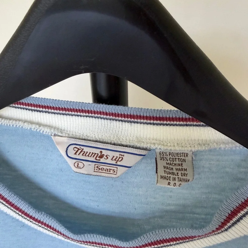 60's Thumbs Up Sears Blue Knit Shirt‎ Terry Shoulder Colorblock Large Distressed
